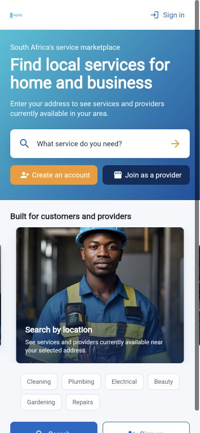 E-Huru mobile app home screen with service search and account options