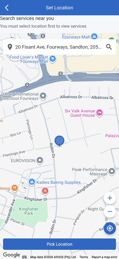 E-Huru mobile app location picker centred on Fourways, South Africa
