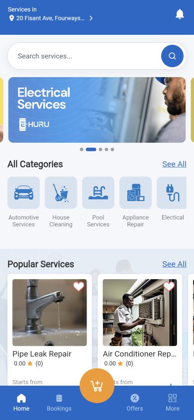 E-Huru mobile app catalogue showing local service categories and popular services
