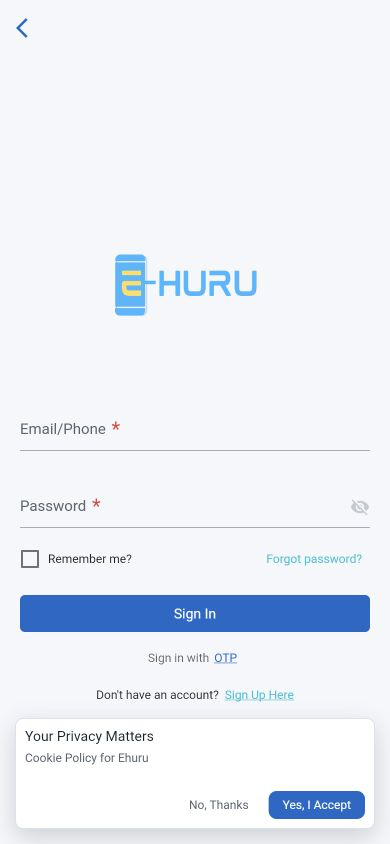 E-Huru mobile app sign-in screen with email, phone and one-time PIN options
