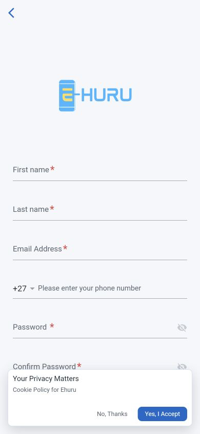 E-Huru mobile app account creation screen with South African phone number field